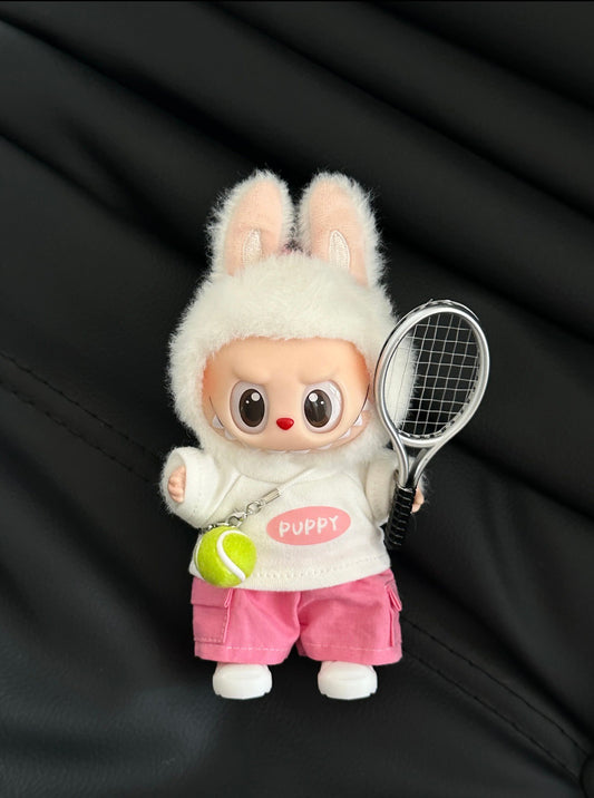 5-Piece Tennis Outfit Set for 17cm/6.69inch Labubu Doll – Includes Sporty Hoodie, Pink Shorts, Mini Racket, Tennis Ball & Sneakers (Doll Not Included)