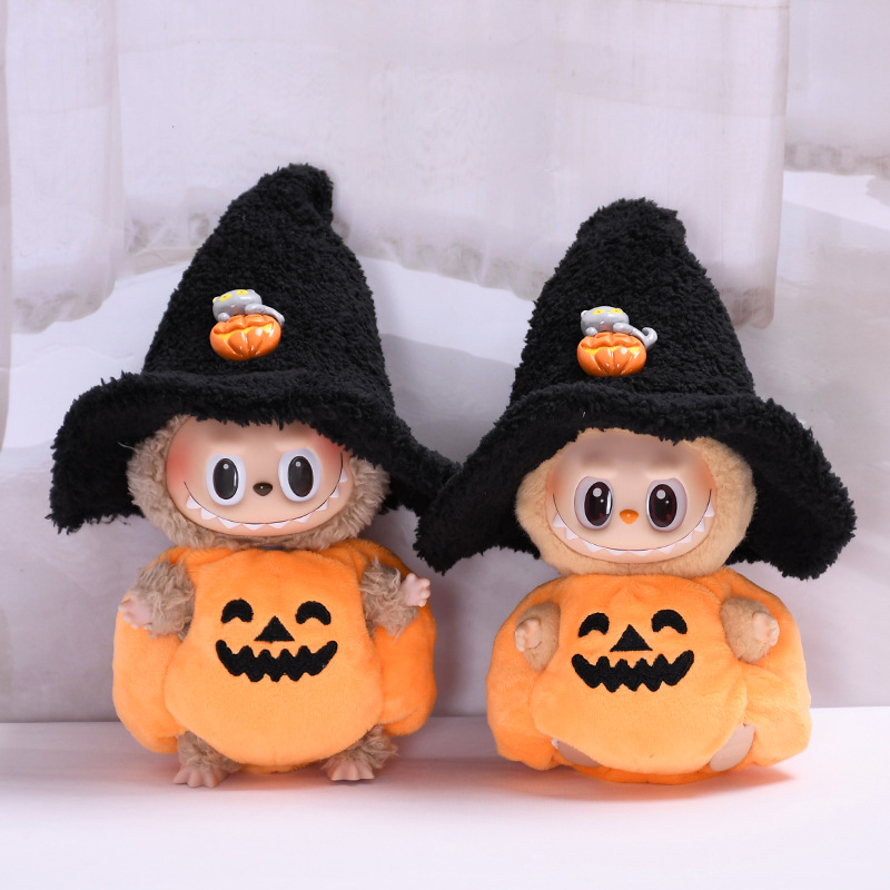 Halloween Pumpkin Costume Set for Labubu Dolls - 2-Piece Hat & Outfit Set, Fits 17cm/6.69inch, No Doll Included, Perfect for Halloween Celebration