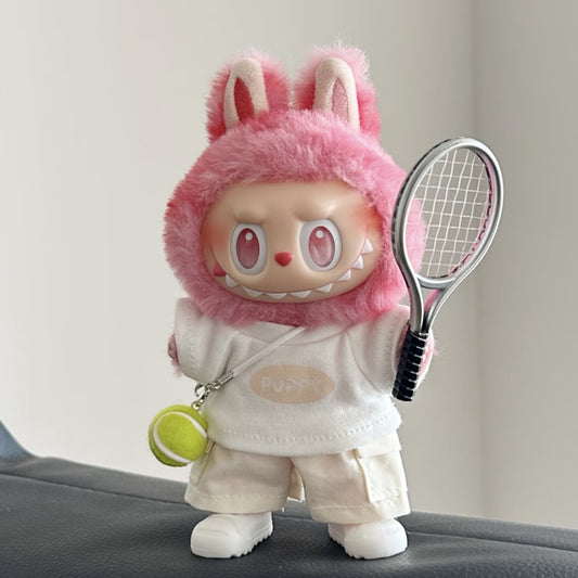 5-Piece Beige Tennis Outfit Set for 17cm/6.69inch Labubu Doll – Includes Top, Shorts, Racket, Ball & Shoes (Doll Not Included)