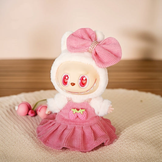 Strawberry Pink Dress Outfit Set for 17cm/6.69inch Labubu Doll – Includes Dress, Bow Headband & Shoes (Doll Not Included)