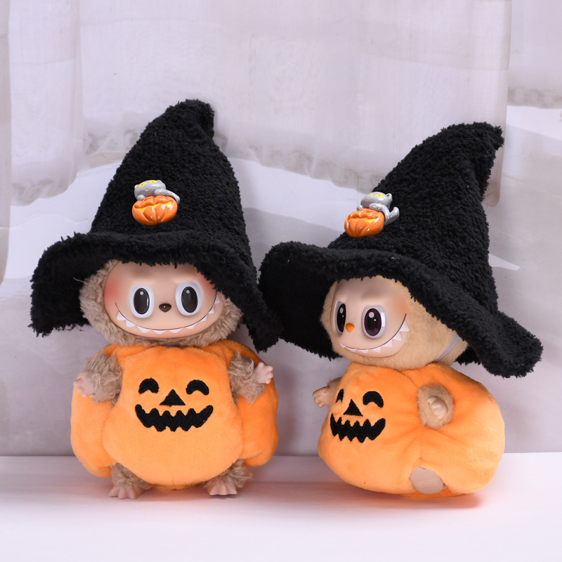 Halloween Pumpkin Costume Set for Labubu Dolls - 2-Piece Hat & Outfit Set, Fits 17cm/6.69inch, No Doll Included, Perfect for Halloween Celebration