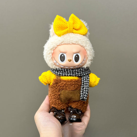 3-Piece Fall Cozy Outfit for 17cm/6.69inch Labubu – Yellow Knit Top + Plush Overalls + Bow & Scarf Set (Doll Not Included)