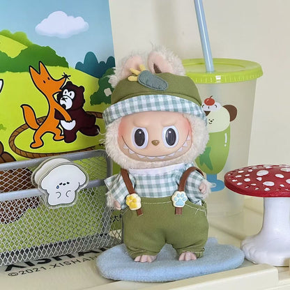 3-Piece Spring Picnic Outfit for 17cm/6.69inch labubu Doll – Green Overalls + Gingham Shirt + Hat | Cute Travel Style Set (Doll Not Included)