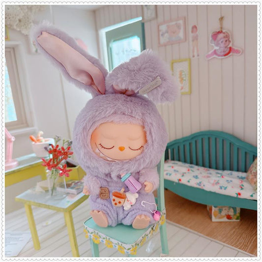 3-Piece Labubu Doll Outfit Set – Purple Bunny Overalls, Hat and Shoes for Gen 1/2 17cm (6.69inch) Dolls, Adorably Playful Look for Everyday Styling or Gifting
