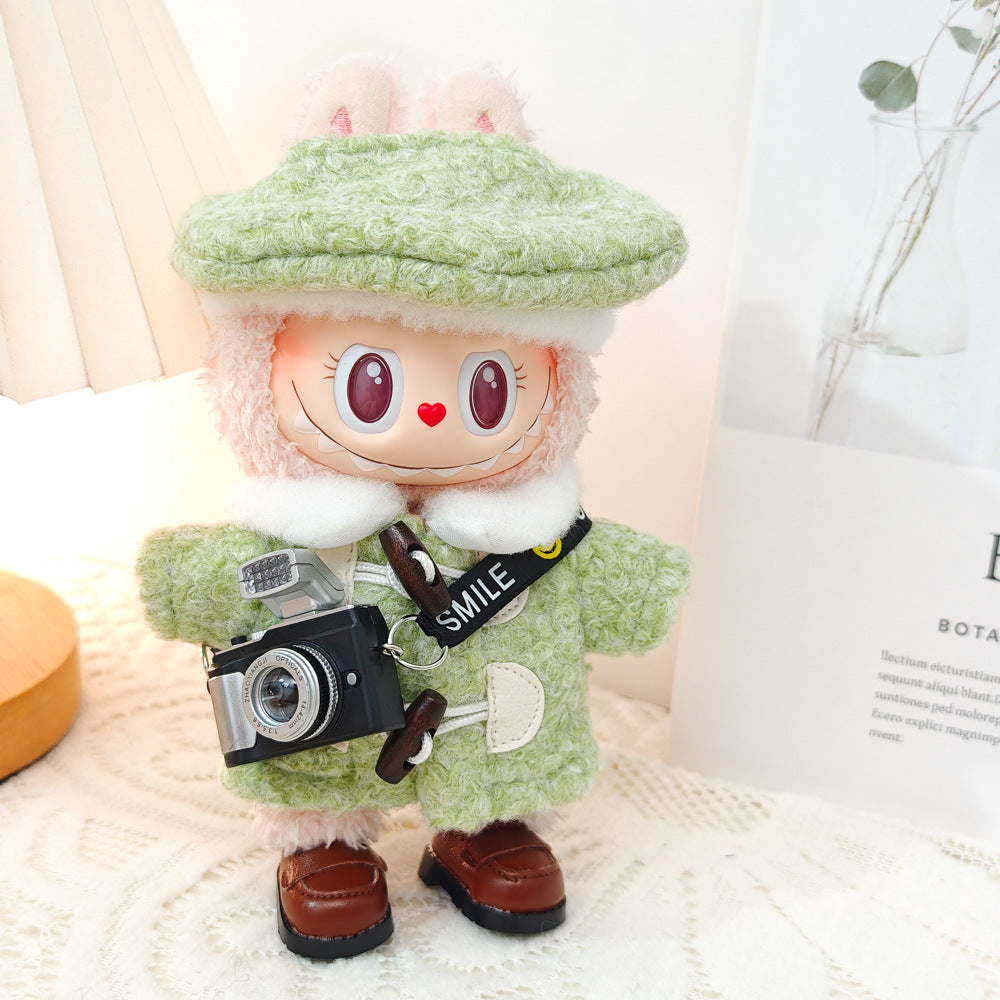 Chic 4-Piece Outfit Set for 17cm/6.69inch Labubu Dolls - Includes Beret, Wool Coat, Camera, and Square-Toe Leather Shoes (Doll Not Included)