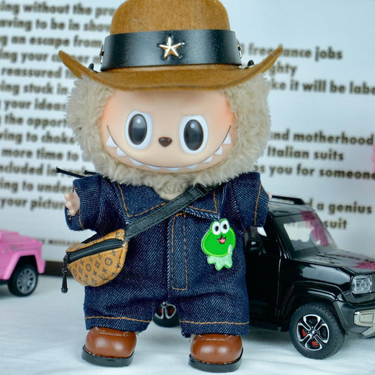 3-Piece Cowboy Outfit Set for 6.69in LaBuBu – Western Hat, Denim Jumpsuit with Frog Patch & Crossbody Bag (No Doll Included)