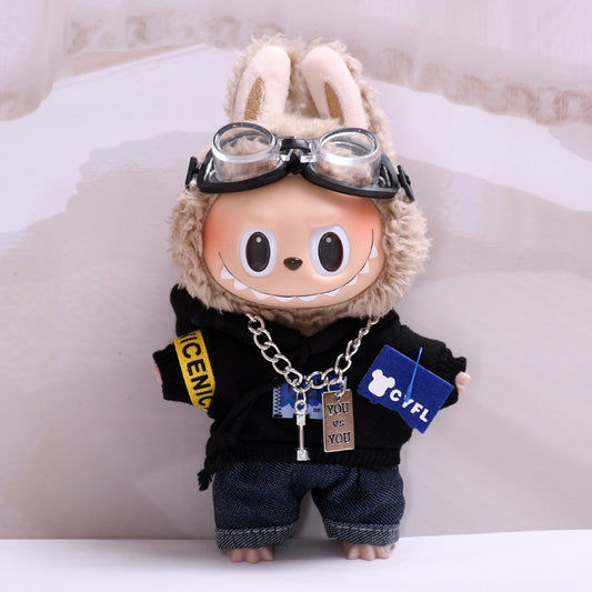 4PCS Pilot Outfit Set for 17cm/6.69inch Labubu Doll – Aviator Jacket, Denim Pants, Goggles, Chain Necklace (Doll Not Included)