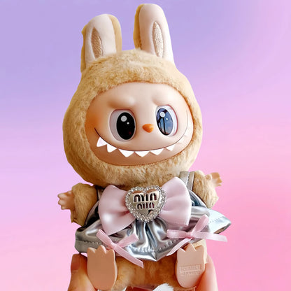 Labubu 1-Piece Princess Dress – Shiny Silver Doll Outfit for 17cm/6.69inch Plush with Bow & Heart Pendant