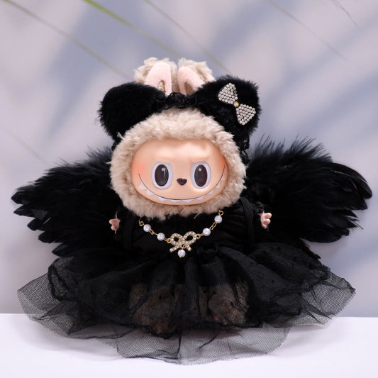 4-Piece Halloween Devil Princess Outfit Set for 17cm/6.69inch Labubu Doll – Includes Tulle Dress, Devil Wings, Cat Ear Headband & Necklace (Doll Not Included)
