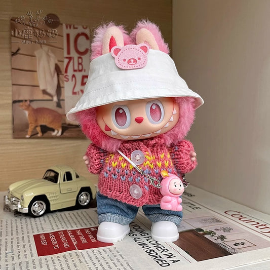 5-Piece Outfit Set for 17cm/6.69inch Labubu Doll – White Hat + Pink Knit Sweater + Jeans + Boots + Star Charm (Doll Not Included)