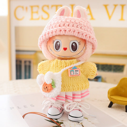 【6-Piece Set】17cm/6.69inch Labubu Doll Outfit – Pink Knit Hat, Yellow Sweater, Pleated Skirt, Canvas Shoes, Bag & Name Tag – Cute Style (Doll Not Included)