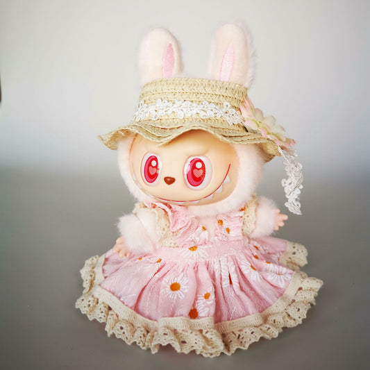 3-Piece Pink Spring Outfit for 17cm/6.69inch Labubu Doll – Floral Lace Dress, Straw Hat with Flower, and Bunny Style (Doll Not Included)