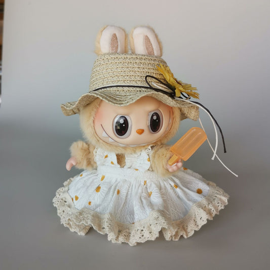 3-Piece White Spring Picnic Outfit for 17cm/6.69inch Labubu Doll – Includes Lace Dress, Sun Hat & Popsicle Prop (Doll Not Included)