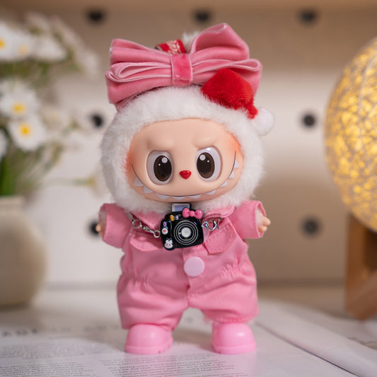 4-Piece Doll Outfit Set for 17cm/6.69inch Labubu – Includes Pink Jumpsuit, Bow, Shoes & Camera Pendant (Doll Not Included)