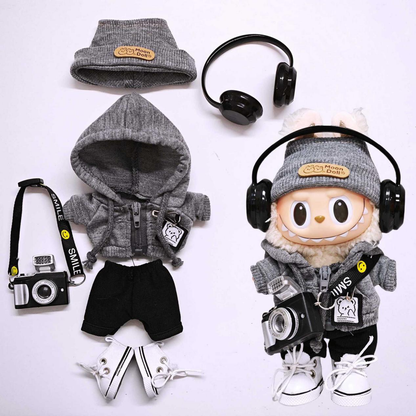 Gray 6-Piece Labubu Doll Outfit Set for 17cm/6.69inch – Hat, Hoodie, Shoes & Accessories (Doll Not Included)