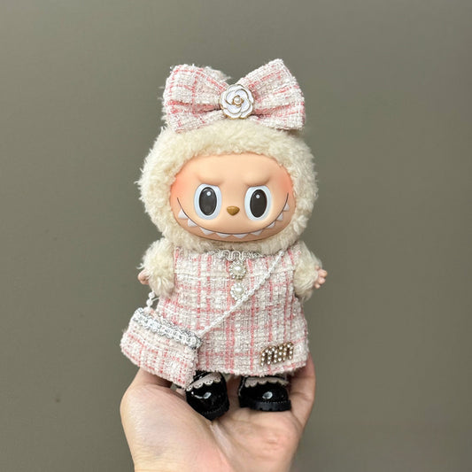 3-Piece Pink Tweed Outfit for 17cm / 6.69 Inch Labubu Doll – Dress, Pearl Bag & Bow Headband (Doll Not Included)