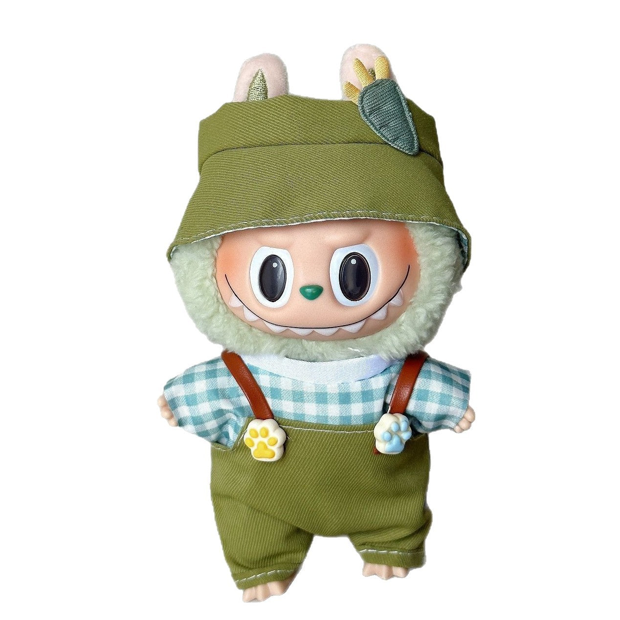 3-Piece Spring Picnic Outfit for 17cm/6.69inch labubu Doll – Green Overalls + Gingham Shirt + Hat | Cute Travel Style Set (Doll Not Included)