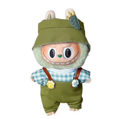 3-Piece Spring Picnic Outfit for 17cm/6.69inch labubu Doll – Green Overalls + Gingham Shirt + Hat | Cute Travel Style Set (Doll Not Included)