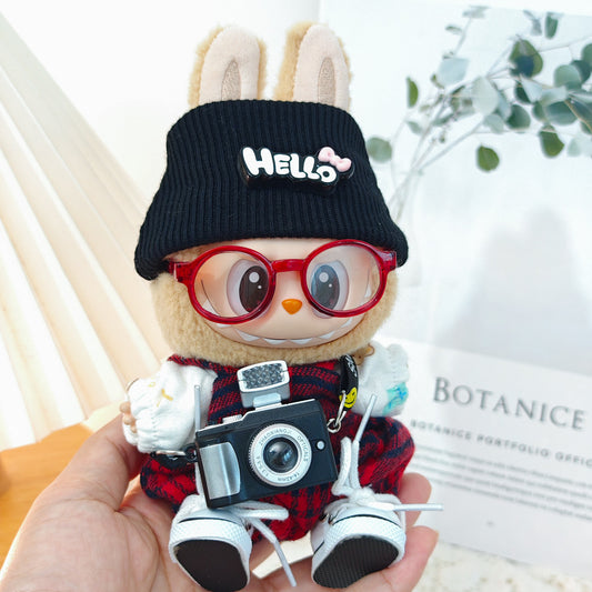 5-Piece Outfit Set for 17cm/6.69inch Dolls – Includes Beanie Hat, Glasses, Plaid Overall Suit, Canvas Shoes, and Camera or Bottle Pendant (Doll Not Included)