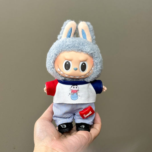 3-Piece "Sweet Bunny" Outfit for 17cm/6.69inch Labubu – Cartoon Top + Striped Pants + Fluffy Hood (Doll Not Included)