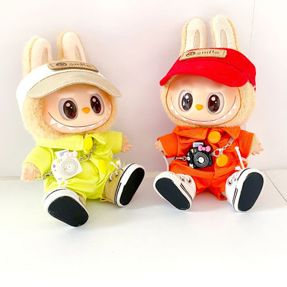 Labubu 4-Piece Travel Style Set – Colorful Outfit with Hat, Jumpsuit, Camera Bag & Shoes for 17cm/6.69inch Dolls