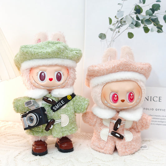Chic 4-Piece Outfit Set for 17cm/6.69inch Labubu Dolls - Includes Beret, Wool Coat, Camera, and Square-Toe Leather Shoes (Doll Not Included)