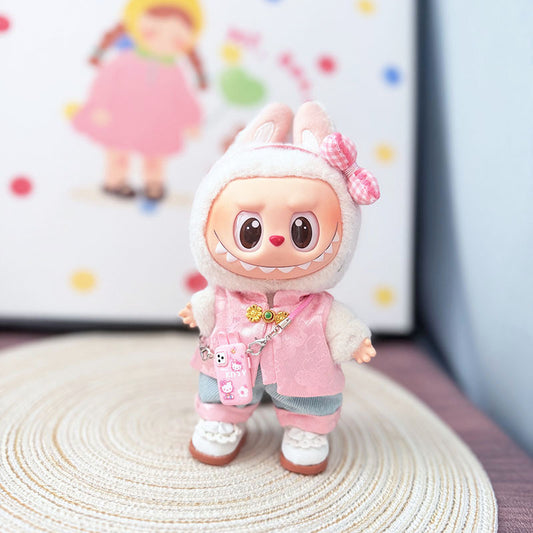 5-Piece Chinese Style Outfit Set for Labubu – Includes Pink Vest, Headband, Pants, Princess Shoes & Phone Charm (Doll Not Included)