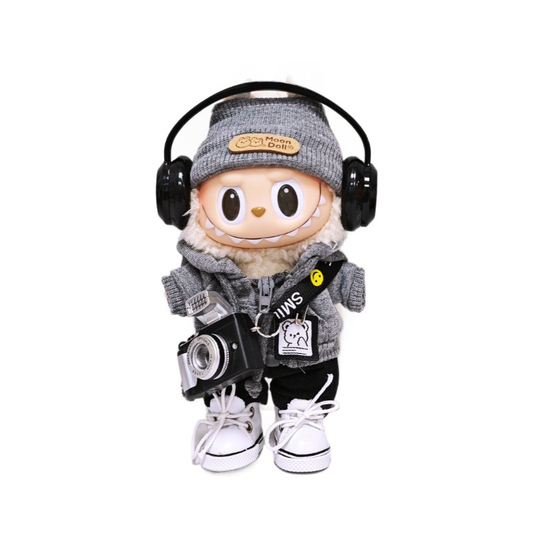 Gray 6-Piece Labubu Doll Outfit Set for 17cm/6.69inch – Hat, Hoodie, Shoes & Accessories (Doll Not Included)