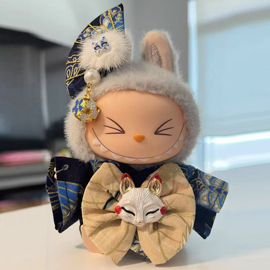 Japanese Fox Kimono Set for 17cm/6.69inch Labubu Doll – Navy Yukata Outfit with Kitsune Bow & Hair Ornament (Doll Not Included)