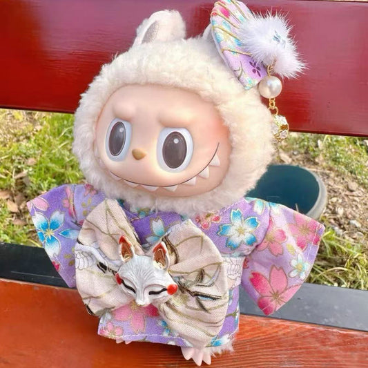 Purple Japanese Fox Kimono Set for 17cm/6.69inch Labubu Doll – Floral Yukata with Kitsune Mask Bow & Fan Clip (Doll Not Included)