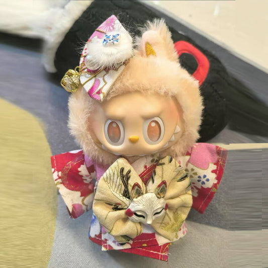 Red Japanese Fox Kimono Set for 17cm/6.69inch Labubu Doll – Floral Yukata with Kitsune Mask Bow & Tassel Clip (Doll Not Included)