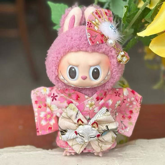 Pink Japanese Fox Kimono Set for 17cm/6.69inch Labubu Doll – Floral Yukata with Kitsune Mask Bow & Hair Clip (Doll Not Included)