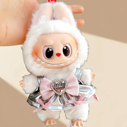 Labubu 1-Piece Princess Dress – Shiny Silver Doll Outfit for 17cm/6.69inch Plush with Bow & Heart Pendant