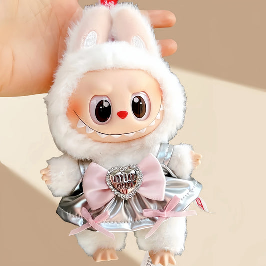 Labubu 1-Piece Princess Dress – Shiny Silver Doll Outfit for 17cm/6.69inch Plush with Bow & Heart Pendant