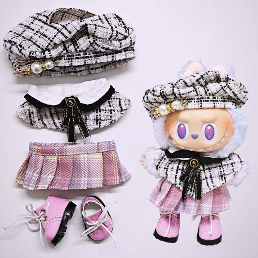 4-Piece Chic Doll Outfit Set – Beret, Cape, Pink Plaid Skirt & Pink Boots for 17cm Dolls (Doll Not Included)