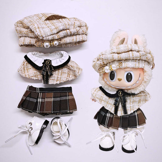 4-Piece Vintage Schoolgirl Doll Outfit Set – Beret, Cape, Plaid Skirt & White Boots for 17cm Dolls (Doll Not Included)