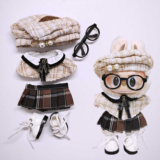5-Piece Retro Doll Outfit Set – Beret, Cape, Plaid Skirt, White Boots & Glasses for 17cm Dolls (Doll Not Included)
