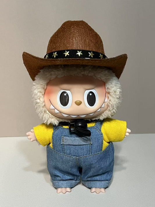 Western Cowboy Outfit Set for 17cm/6.69inch Labubu Doll – 3-Piece Yellow Shirt, Denim Overalls & Hat (Doll Not Included)