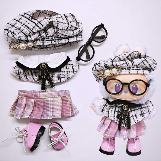 5-Piece Sweet Chic Doll Outfit Set – Beret, Cape, Plaid Skirt, Pink Boots & Glasses for 17cm Dolls (Doll Not Included)