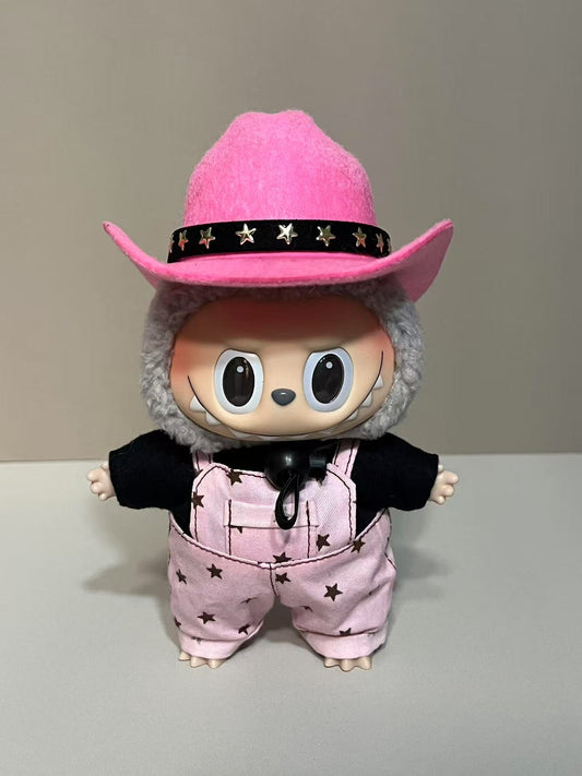 Western Pink Cowboy Outfit Set for 17cm/6.69inch Labubu Doll – 3-Piece Set with Star Hat, Shirt & Overalls (Doll Not Included)