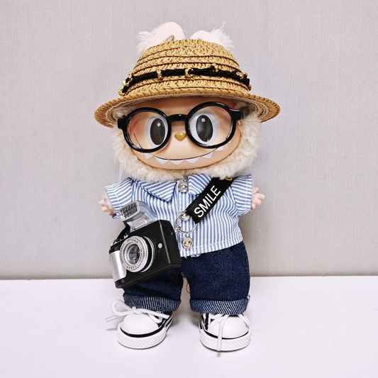 6-Piece Summer Outfit Set for 17cm Labubu – Hat, Shirt, Pants, Shoes, Bag & Glasses (Doll Not Included)