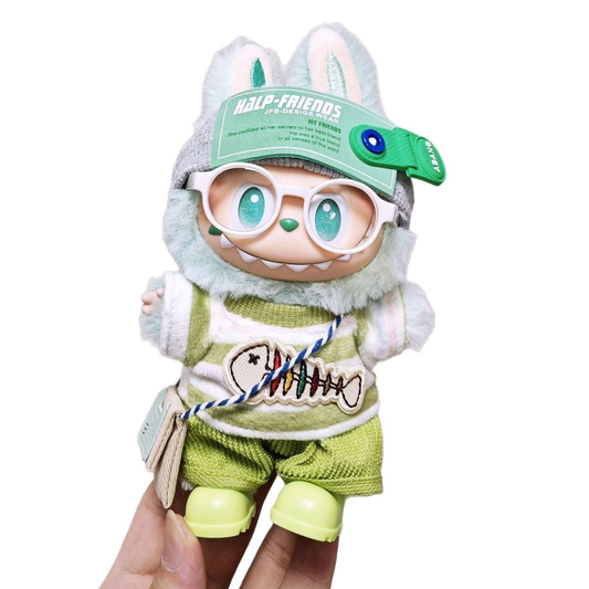 6-Piece Fishbone Style Outfit for 17cm Labubu – Headphones, Headband, Shirt, Pants, Boots, Bag & Glasses (Doll Not Included)