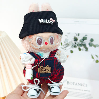5-Piece Outfit Set for 17cm/6.69inch Dolls – Includes Beanie Hat, Glasses, Plaid Overall Suit, Canvas Shoes, and Camera or Bottle Pendant (Doll Not Included)