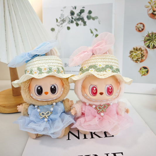 Sweet Summer Style 4-Piece Outfit Set for 17cm/6.69inch Dolls – Bow Headband, Straw Hat, Necklace, and Tulle Dress (Doll Not Included)