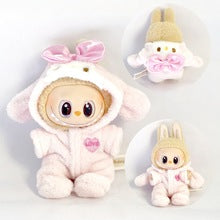Labubu Plush Bunny Onesie – Pink 1-Piece Fleece Romper for 17cm/6.69inch Dolls with Bow & “LOVE” Patch