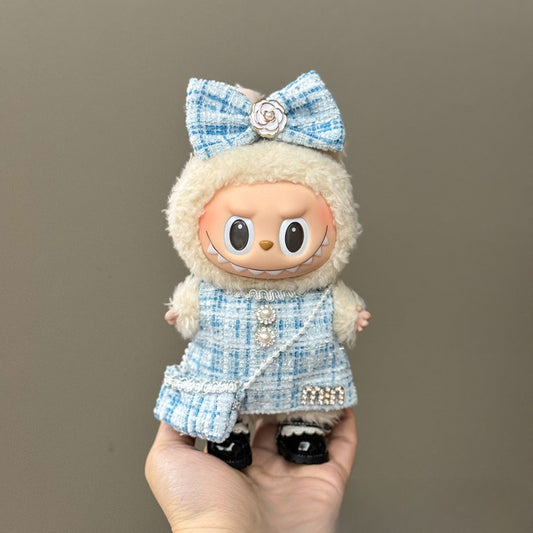 3-Piece Blue Tweed Outfit for 17cm/6.69inch Labubu – Dress + Bag + Bow Headband | Elegant Doll Clothes Set (Doll Not Included)
