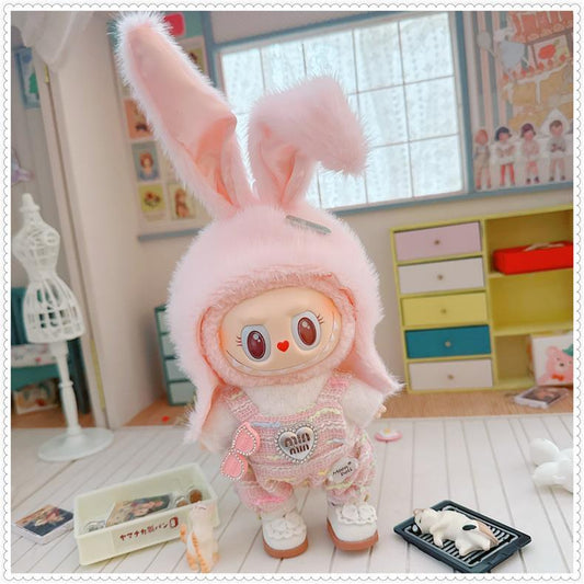 3-Piece Labubu Doll Outfit Set – Pink Bunny Overalls Hat and Shoes for Gen 1/2 17cm/6.69inch Dolls