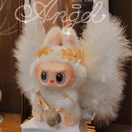 4-Piece Angel-Inspired Accessory Set for 17cm/6.69inch Labubu Doll – Includes Feather Wings, Gold Leaf Headband, Mini Perfume & Ring – Doll Not Included
