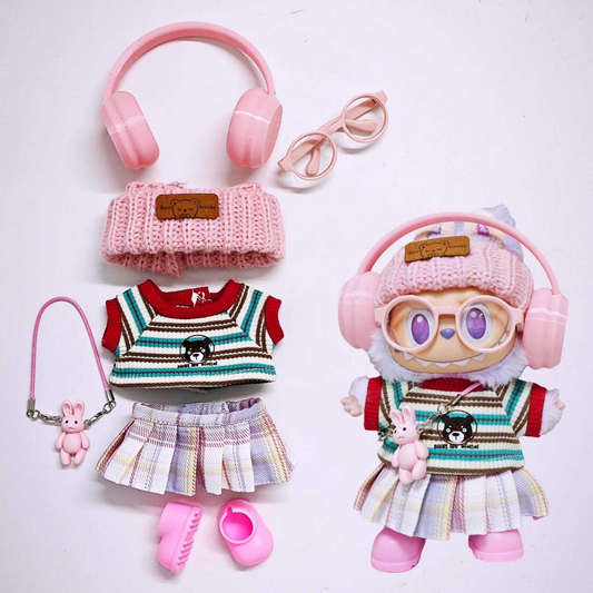 7-Piece Outfit Set for 17cm Labubu – Skirt, T-Shirt, Headphones, Hat, Glasses, Shoes & Bunny Charm (Doll Not Included)