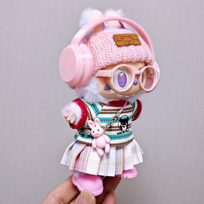 7-Piece Outfit Set for 17cm Labubu – Skirt, T-Shirt, Headphones, Hat, Glasses, Shoes & Bunny Charm (Doll Not Included)